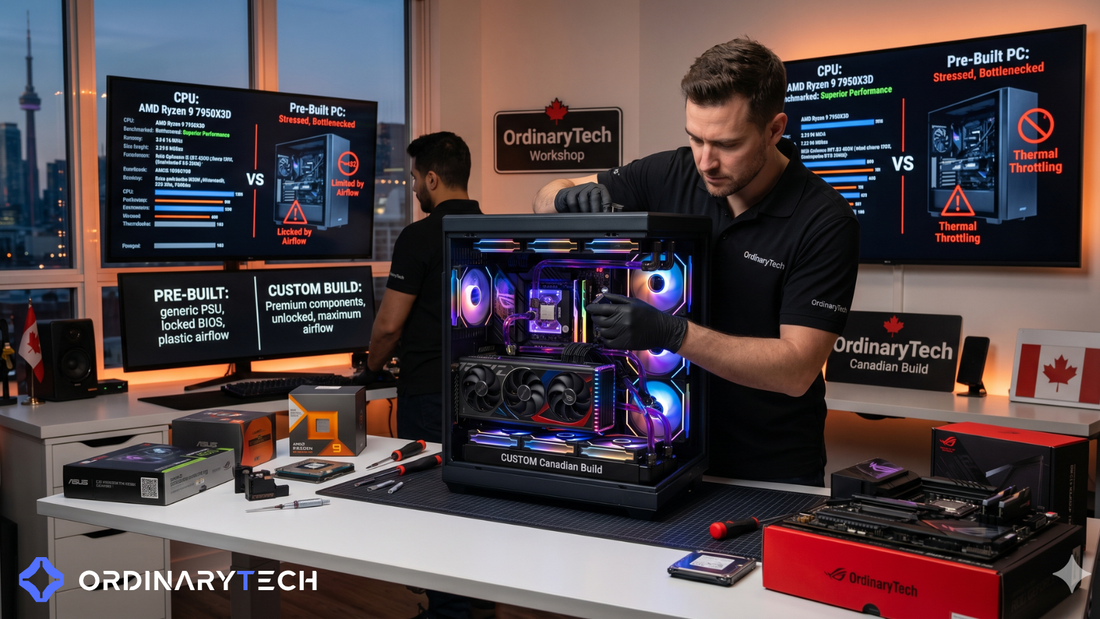 A technician building a custom liquid-cooled gaming PC in a modern workshop surrounded by PC components and tools