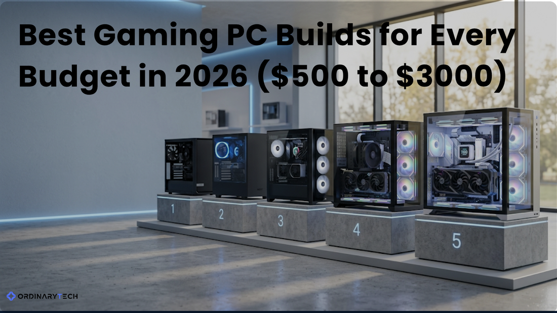 Modern custom gaming PC with RGB lighting, RTX graphics card, DDR5 memory, and high-performance components representing 2026 gaming PC build tiers.