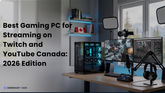 High-performance streaming PC setup with dual monitors, OBS Studio, RGB gaming computer, microphone, webcam, and modern gaming peripherals.