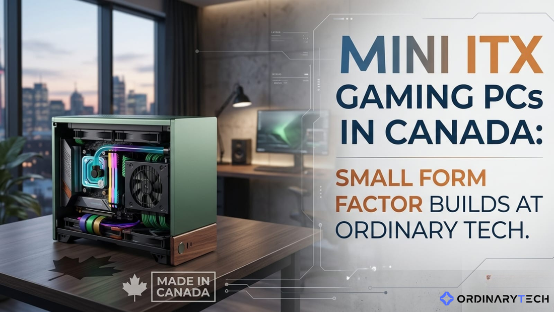 Compact mini ITX gaming PC featuring RTX graphics card, custom cooling, and high-performance components inside a small form factor case