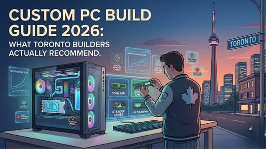 Custom PC technician assembling a high-performance gaming computer inside a Toronto workshop with premium components and cable management