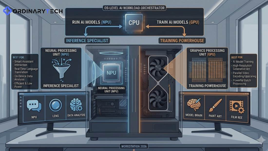 Comparison of NPU and GPU hardware architectures running AI workloads in a modern workstation in 2026