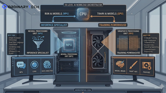 Comparison of NPU and GPU hardware architectures running AI workloads in a modern workstation in 2026