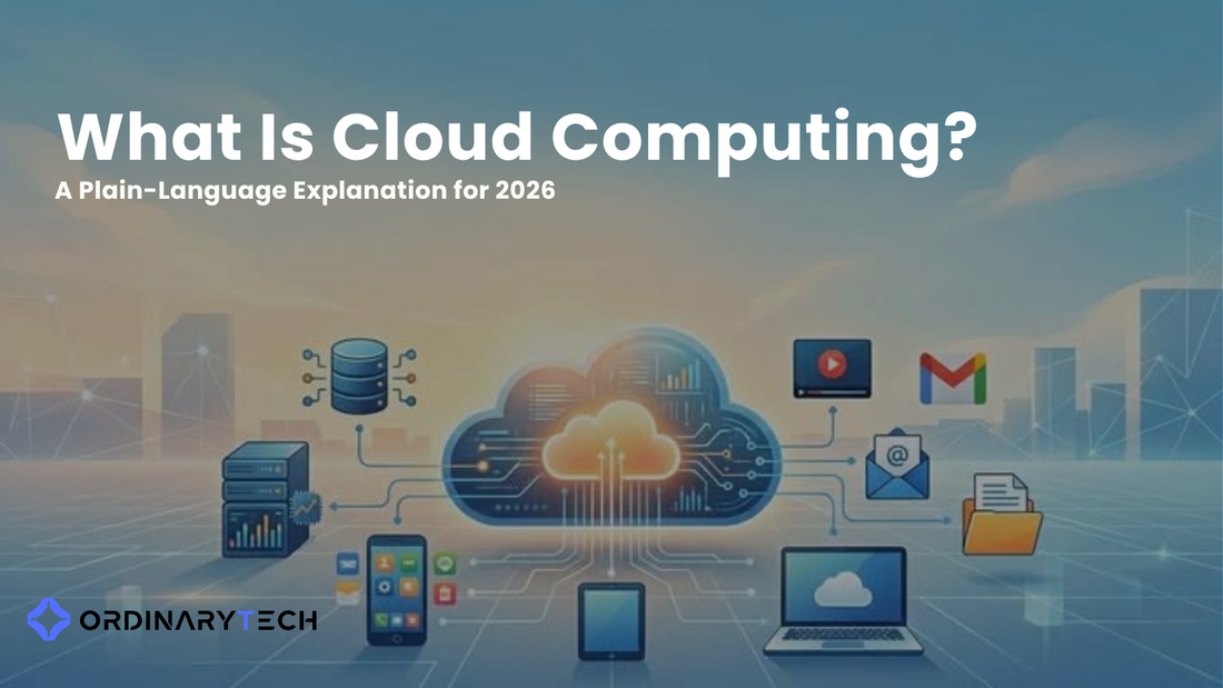 Diagram showing cloud computing architecture with remote servers, storage, and users accessing services over the internet