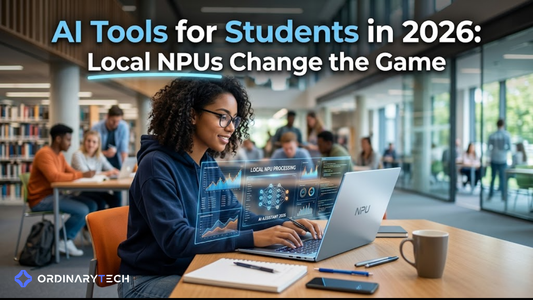 Student using a laptop with AI tools running locally, showing coding assistant and text summarization features