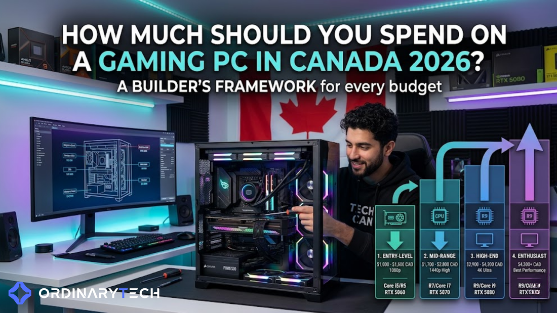 Gaming PC budget guide for Canada 2026 showing RGB desktop setup, Canadian flag background, and performance tiers from entry-level to enthusiast builds.