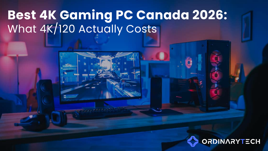 A modern RGB-lit gaming setup featuring a desktop PC tower and ultrawide monitor displaying a futuristic shooter game in a neon blue room.
