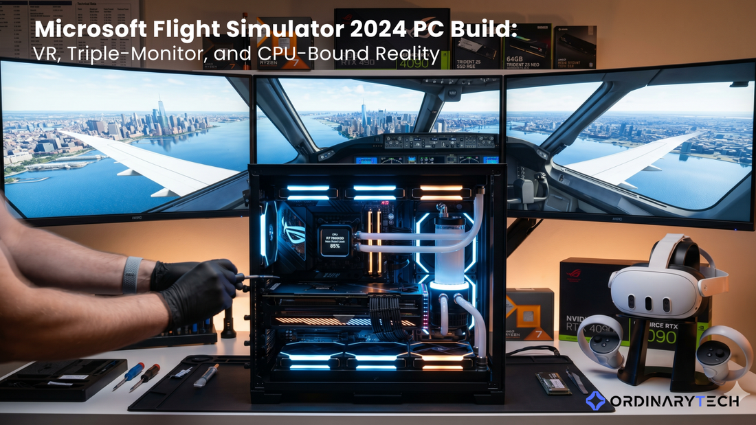 A high-end custom gaming PC with RGB lighting and liquid cooling sits on a desk in front of a triple-monitor flight simulator setup showing an airplane cockpit view over a city skyline.