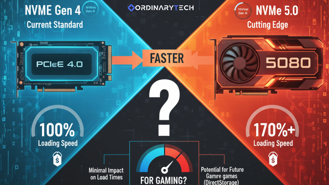 A comparison graphic from OrdinaryTech showing NVMe Gen 4 versus NVMe 5.0 for gaming. The image contrasts PCIe 4.0 at 100% loading speed against PCIe 5.0 at 170% loading speed, questioning its impact on gaming and DirectStorage.