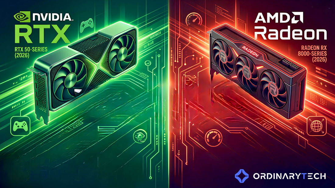 NVIDIA RTX and AMD Radeon graphics cards displayed side by side in a gaming PC performance comparison for 2026