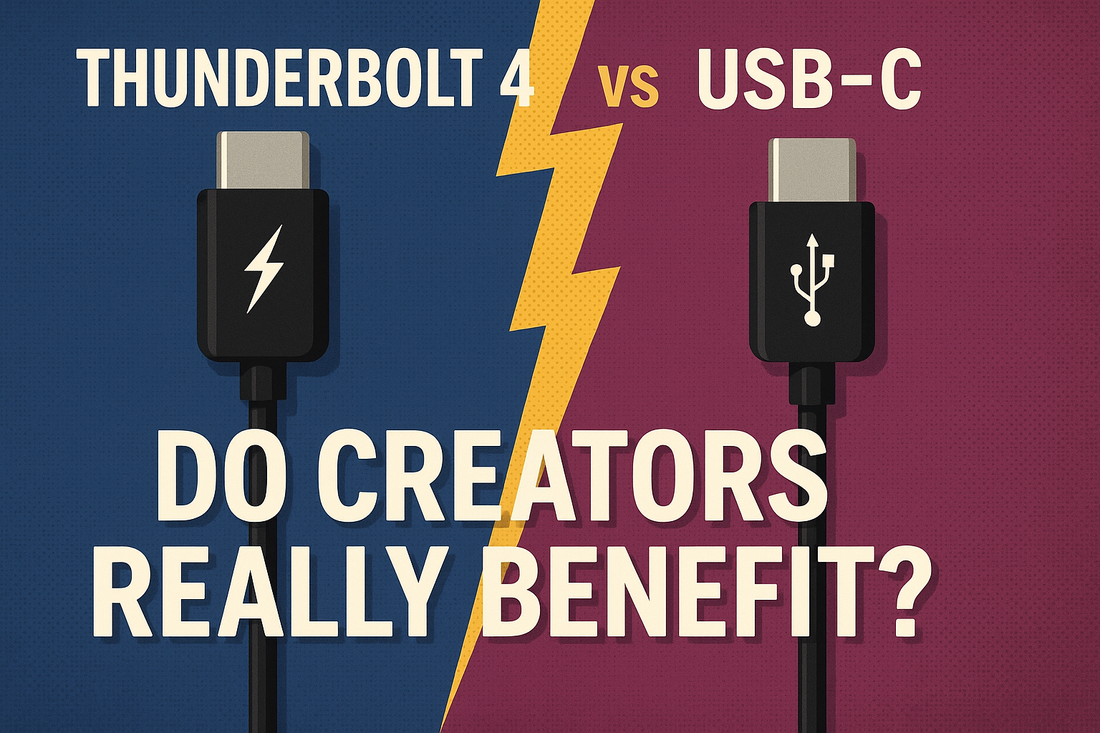 Comparison graphic of Thunderbolt 4 vs USB-C connectors with a lightning bolt divider and the question 'Do Creators Really Benefit?', exploring speed and performance differences for content creators.